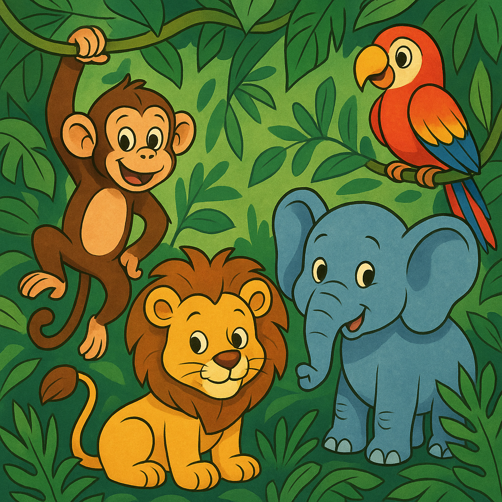 Razigrana ilustracija džungelskih živali, kot so opica, lev, papagaj in slon, med tropskim rastjem